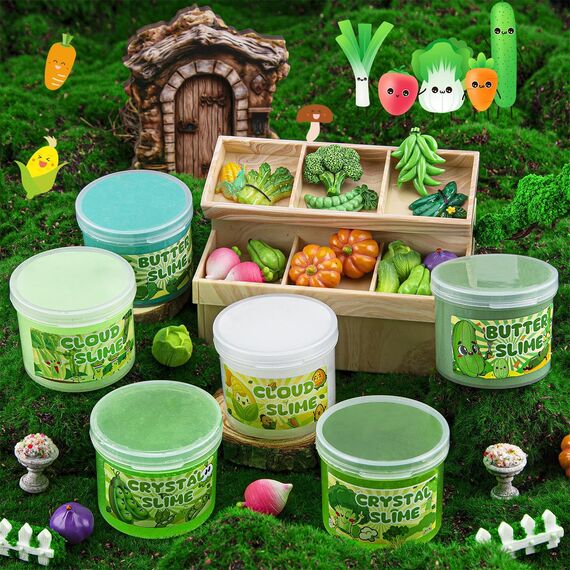 LAWOHO 6 Stück Farbverlauf Grünem Slime Set enthält Fluffy Cloud Wolkenschleim, Clear Slime & Butter Schleim, Schleim Kinder Party Geschenk, Geburtstag Weihnachten Geschenk für Mädchen, Jungen(Gemüse)