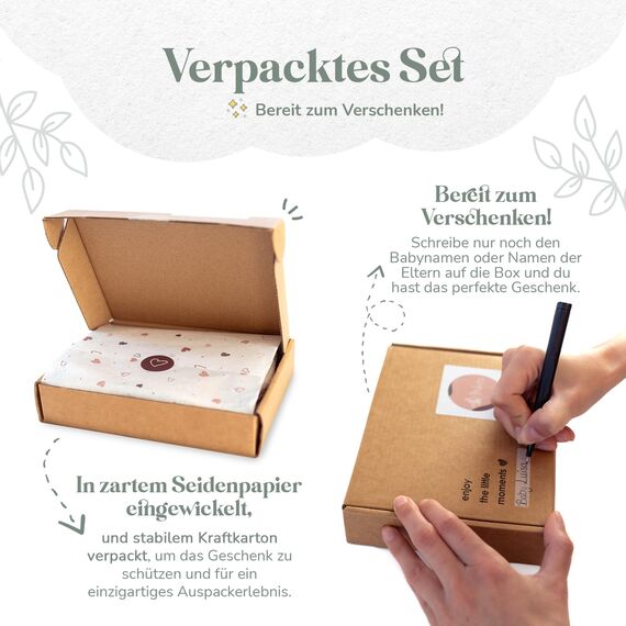 Mikito Baby Geschenk Junge & Mädchen/Neugeborenen Geschenk mit Musselin Schnuffeltuch + Beißring + Lätzchen + Baby Holzschild/Geschenk zur Geburt