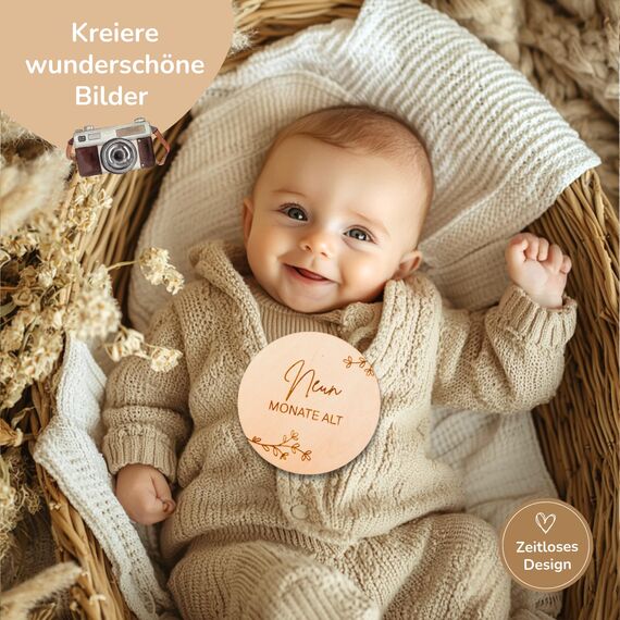 MeinBaby123® Nachhaltige Holz Meilensteinkarten 40 Stk. inkl. Stoffbeutel | Baby Holzmeilensteinkarten 1 Jahr | Geschenk zur Geburt | Geschenk für werdende Eltern | Geschenk Schwangerschaft (Holz)