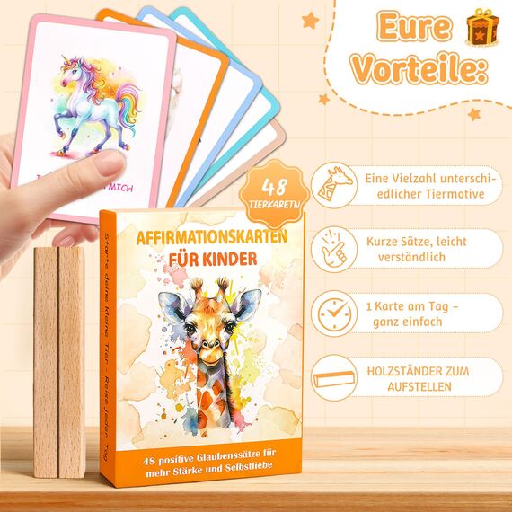 Giftota Affirmationskarten für Kinder - 48 Affirmationskarten inkl. Kartenständer aus Holz - Positive Positive Affirmationen für für Selbstbewusstsein, Mut und Lebensfreude - Süße Tier Stil