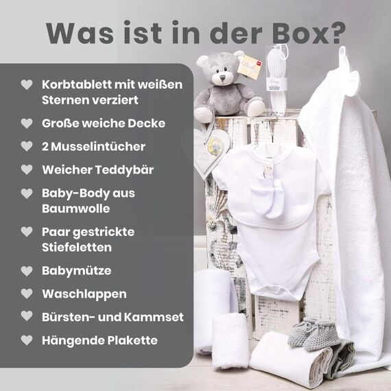 Baby Box Shop – 14 Babygeschenke, ideal für Babypartygeschenke, Unisex-Babygeschenke, mit neuen Babyartikeln für Neugeborene und einem grauen Plüsch-Teddybären