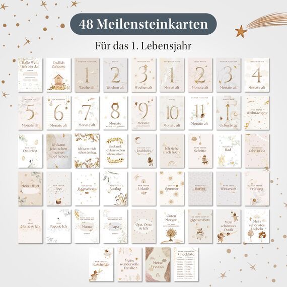 EULENTALER® 48 Meilensteinkarten Baby I Scandi Stil I Von Pädagogen gestaltet I Handgemalte Illustrationen I Monatskarten für Meilensteine als Geschenk zur Geburt & Babyparty