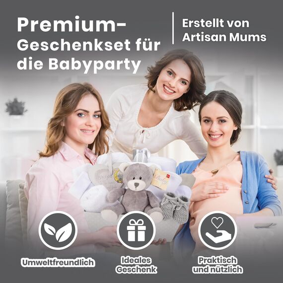 Baby Box Shop – 14 Babygeschenke, ideal für Babypartygeschenke, Unisex-Babygeschenke, mit neuen Babyartikeln für Neugeborene und einem grauen Plüsch-Teddybären