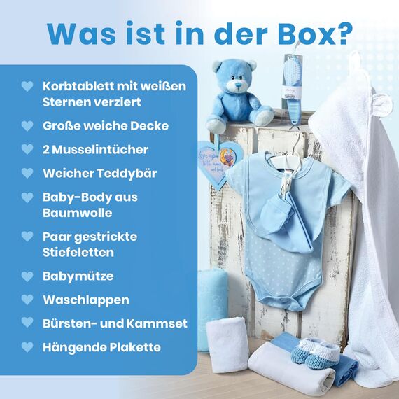 Baby Box Shop – 14 Babygeschenke zur Geburt Junge, ideal für Babypartys, Geschenke für Babypartys, mit neuen Baby-Essentials für Neugeborene Jungen und einem blauen Plüsch-Teddybären