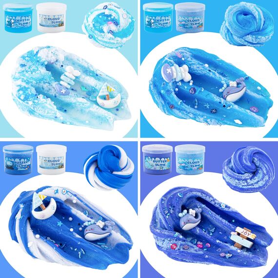 LAWOHO 6 Stück Farbverlauf Blau Slime Set enthält Fluffy Cloud Wolkenschleim, Clear Slime & Butter Schleim, Schleim Kinder Party Geschenk, Geburtstag Weihnachten Geschenk für Mädchen & Jungen(Ozeane)