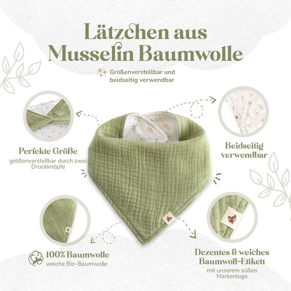 MIKITO Baby-Set aus natürlicher Bio-Baumwolle, Musselin, mit Schmusetuch, Zahnfleischmassage, Lätzchen für Neugeborene, Unisex, für Babyparty, neue Eltern