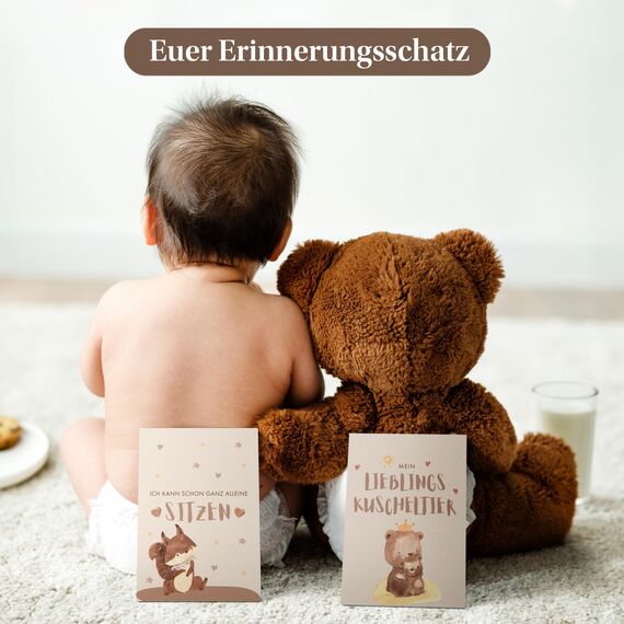 EULENTALER® Meilensteinkarten Baby I Das Original I Von Pädagogen gestaltet I Mit handgemalten Boho Illustrationen I Monatskarten mit beschreibaren Rückseiten I 48 Karten mit Box "Mein erstes Jahr"