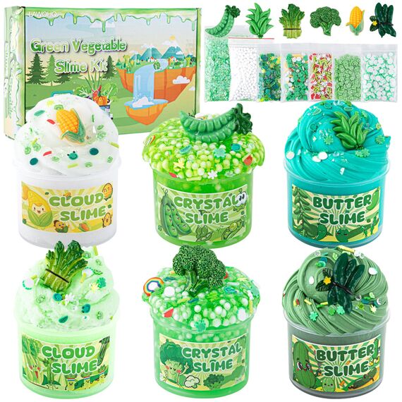 LAWOHO 6 Stück Farbverlauf Grünem Slime Set enthält Fluffy Cloud Wolkenschleim, Clear Slime & Butter Schleim, Schleim Kinder Party Geschenk, Geburtstag Weihnachten Geschenk für Mädchen, Jungen(Gemüse)