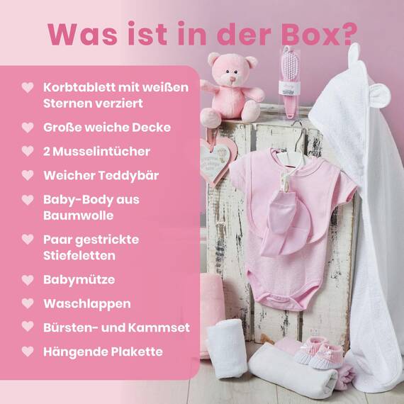 Baby Box Shop – 14 Baby Geschenk Mädchen, Babyparty Mädchen, mit neuen Baby-Essentials für Neugeborene Baby Mädchen und einem rosa Plüsch-Teddybären