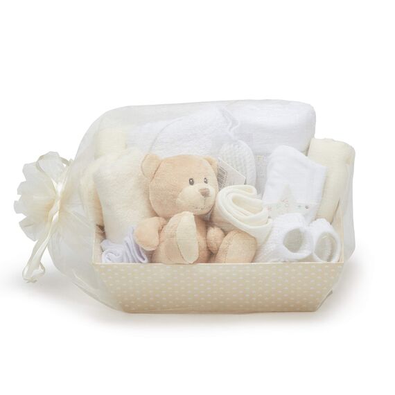 Neutrales Baby-Geschenkkorb – mit Fleece-Wickeltuch, Kapuzenhandtuch, Babykleidung, 2 Mulltücher und süßem braunen Teddybär