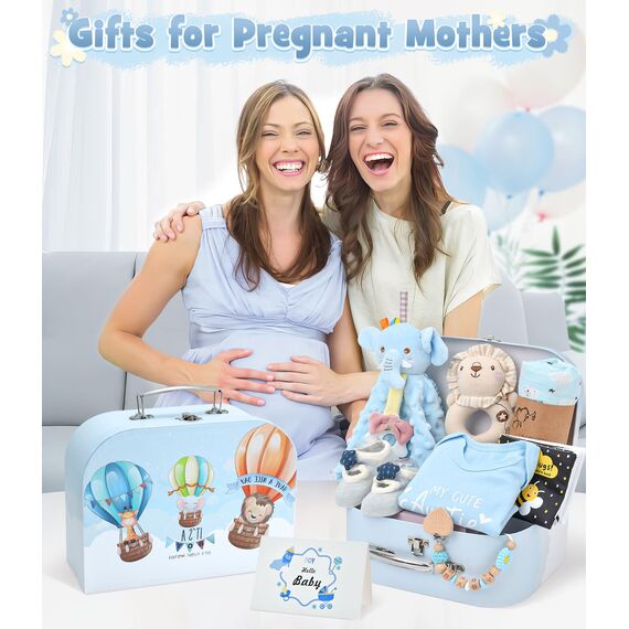 Baby Geschenk Jungen Mädchen Neugeborenen Geschenke zur Geburt mit Schmusetuch/Baby Strampler/Socken/Musselin Decke/Rassel Windeltorte Geschenkbox Baby Shower Party Gender Reveal Geschenk (Blau)