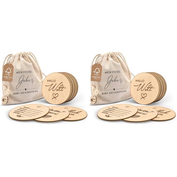 Holz Meilensteinkarten Baby auf deutsch - 30 Meilensteine auf edlen Holzscheiben als Geschenk zur Geburt/zur Babyparty für Schwangere, werdende Mütter, werdende Eltern. (Packung mit 2)