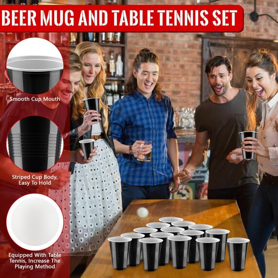 Bierpong Becher Set, Beer Pong Becher Enthält 6 Tischtennisbälle und 50 Becher, 500ML Beerpongbecher, Wiederverwendbare Partybecher für Weihnachten Party Geburtstag Festivals Hochzeit Camping(Schwarz