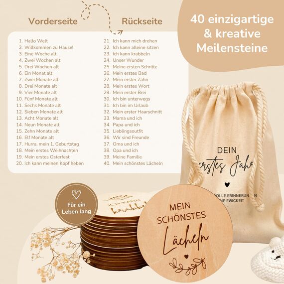 MeinBaby123® Nachhaltige Holz Meilensteinkarten 40 Stk. inkl. Stoffbeutel | Baby Holzmeilensteinkarten 1 Jahr | Geschenk zur Geburt | Geschenk für werdende Eltern | Geschenk Schwangerschaft (Holz)