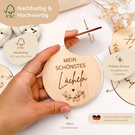 MeinBaby123® Nachhaltige Holz Meilensteinkarten 40 Stk. inkl. Stoffbeutel | Baby Holzmeilensteinkarten 1 Jahr | Geschenk zur Geburt | Geschenk für werdende Eltern | Geschenk Schwangerschaft (Holz)