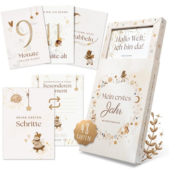 EULENTALER® 48 Meilensteinkarten Baby I Scandi Stil I Von Pädagogen gestaltet I Handgemalte Illustrationen I Monatskarten für Meilensteine als Geschenk zur Geburt & Babyparty