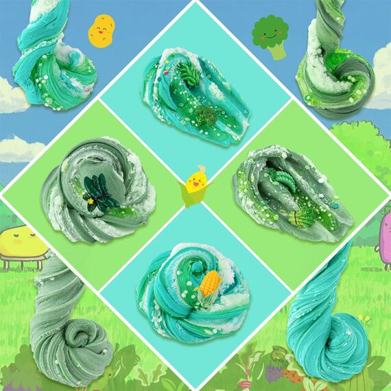 LAWOHO 6 Stück Farbverlauf Grünem Slime Set enthält Fluffy Cloud Wolkenschleim, Clear Slime & Butter Schleim, Schleim Kinder Party Geschenk, Geburtstag Weihnachten Geschenk für Mädchen, Jungen(Gemüse)