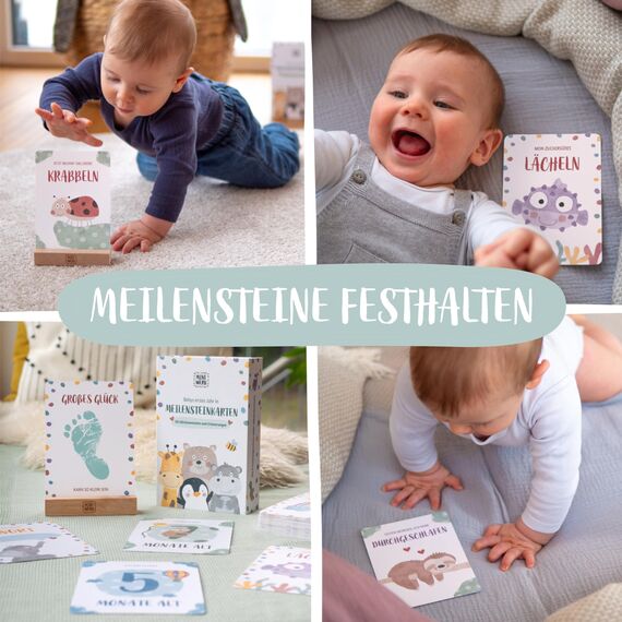 Miniwerk Meilensteinkarten Baby 60 Stück – persönliches Geschenk zur Geburt, Erinnerungsbox Baby, Babytagebuch, Ergänzung zur Baby Erstausstattung für Neugeborene und Eltern, Kontrastkarten Baby