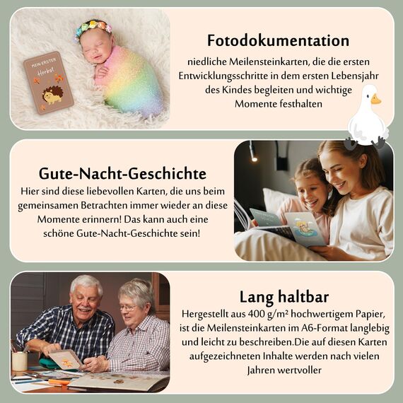 Giftota Meilensteinkarten Baby - 50 Karten (verschiedenen Rückseiten) inkl. Kartenständer aus Holz - Baby Geschenk für Junge und Mädchen - Niedliche Tiere Stil Meilensteinkarte