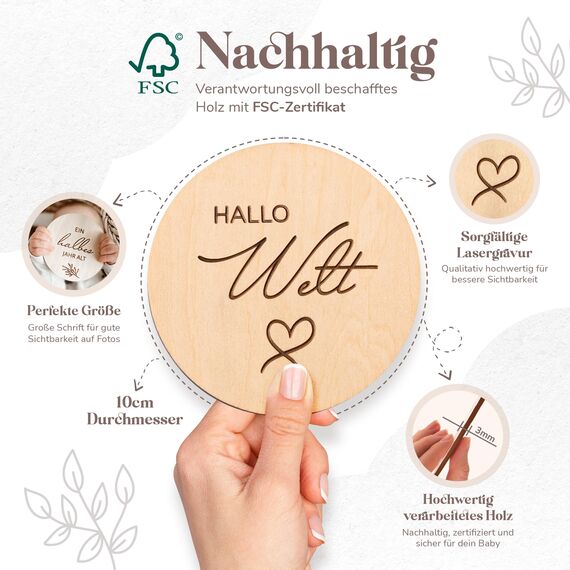 Holz Meilensteinkarten Baby auf deutsch - 30 Meilensteine auf edlen Holzscheiben als Geschenk zur Geburt/zur Babyparty für Schwangere, werdende Mütter, werdende Eltern.