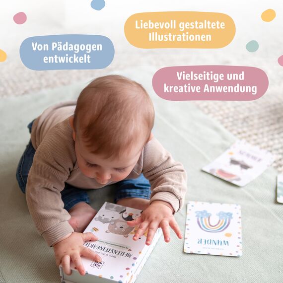 Miniwerk Meilensteinkarten Baby 60 Stück – persönliches Geschenk zur Geburt, Erinnerungsbox Baby, Babytagebuch, Ergänzung zur Baby Erstausstattung für Neugeborene und Eltern, Kontrastkarten Baby