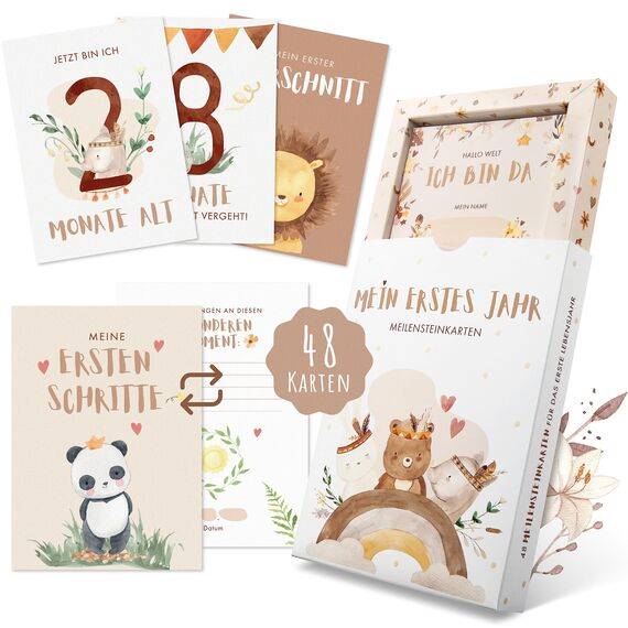 EULENTALER® Meilensteinkarten Baby I Das Original I Von Pädagogen gestaltet I Mit handgemalten Boho Illustrationen I Monatskarten mit beschreibaren Rückseiten I 48 Karten mit Box "Mein erstes Jahr"
