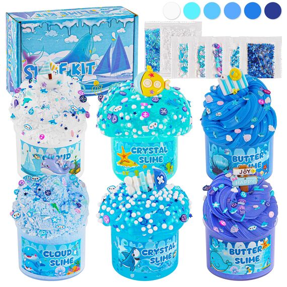 LAWOHO 6 Stück Farbverlauf Blau Slime Set enthält Fluffy Cloud Wolkenschleim, Clear Slime & Butter Schleim, Schleim Kinder Party Geschenk, Geburtstag Weihnachten Geschenk für Mädchen & Jungen(Ozeane)