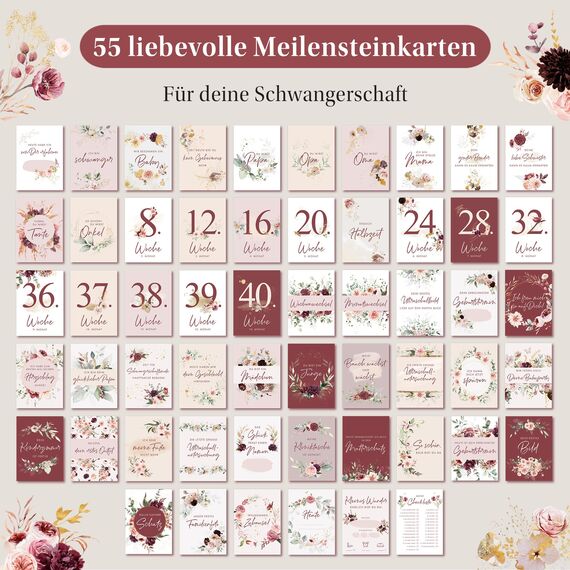 EULENTALER® 55 Meilensteinkarten für deine Schwangerschaft I Von Hebammen & Pädagogen gestaltet I Mit handgemalten Illustrationen I Geschenk für schwangere Freundin