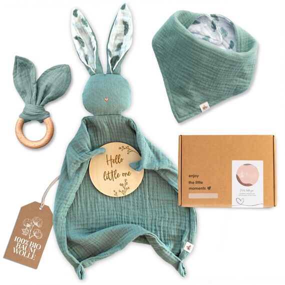 Mikito Baby Geschenk Junge & Mädchen/Neugeborenen Geschenk mit Musselin Schnuffeltuch + Beißring + Lätzchen + Baby Holzschild/Geschenk zur Geburt