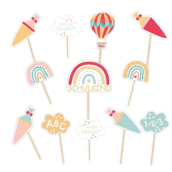 Tortendeko zur Einschulung, 12-teilig Regenbogen Schulanfang Cupcake Toppers, Schuleinführung Kuchen Fondant Muffins Zucker Dekorationen, für Junge Mädchen 1. Schultag Party Deko - Beidseitig Bedruckt