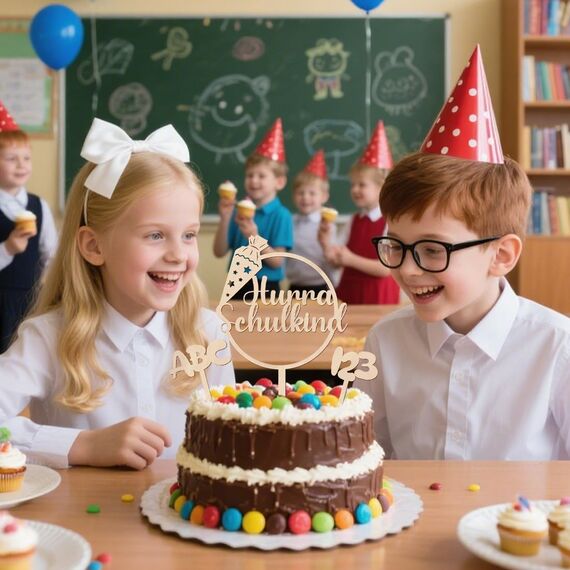 Tortendeko Einschulung, Kuchen Deko Einschulung, Holz Hurra Schulkind Tortendeko, Cake Topper Schulkind Kuchen Deko Torten Topper ABC 123 Kuchendeko Schulanfang für Mädchen Junge Schuleinführung Party