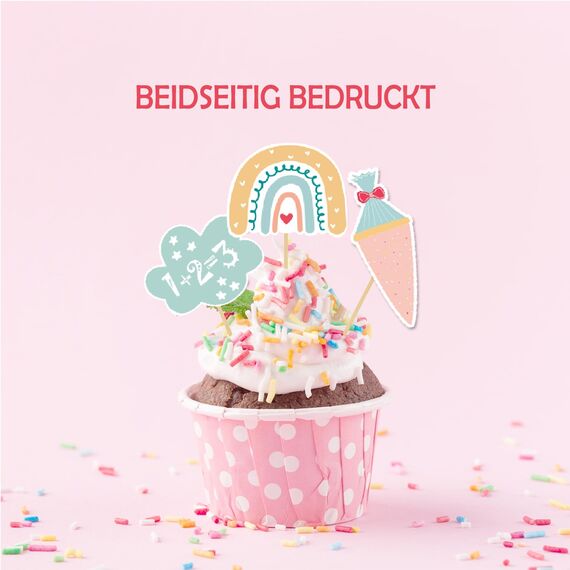 Tortendeko zur Einschulung, 12-teilig Regenbogen Schulanfang Cupcake Toppers, Schuleinführung Kuchen Fondant Muffins Zucker Dekorationen, für Junge Mädchen 1. Schultag Party Deko - Beidseitig Bedruckt