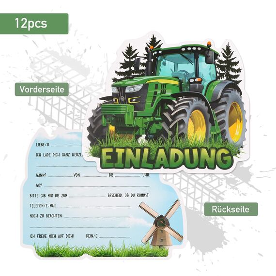 GEBETTER 12 Stück Traktor Einladungskarten zum Kindergeburtstag Geburtstag Party Einladung Einschulung für Mädchen und Jungen Geburtstagseinladungen Kinder Geburtstagsfeier Kinderparty