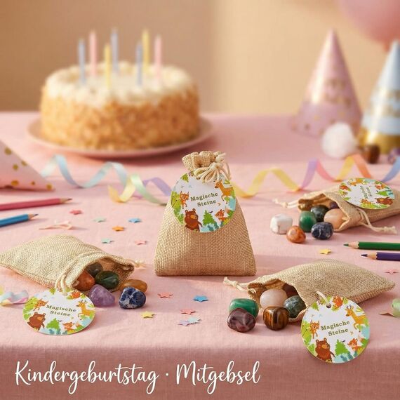 Otuuz 12 Stück Glückssteine für Kinder mit Jutesäckchen Bunte Glücksbringer Steine Magische Steine Party Mitgebsel für Kindergeburtstag Silvester Waldtiere Geburtstag Geschenke Kinder Kleinigkeiten