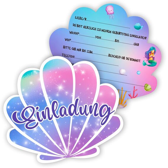 Elektheim 12 Stück Meerjungfrau EINLADUNGSKARTEN， Kinder Kreative Kunsthandwerk EINLADUNGSKARTEN für Mädchen Jungen Kinder zum GEBURTSTAG Einschulung und KINDERPARTY