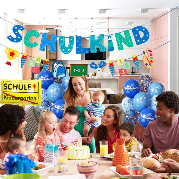 SCHULKIND Deko Einschulung Junge, Einschulung Schuleinführung Schulanfang Deko Set, Girlande Schulanfang + Zuckertüten Banner + 16 Luftballon mit ABC 123 Schultüte Motiv Konfetti Folienballon