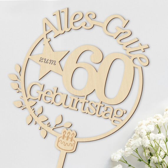 Giftota Cake Topper 60. Geburtstag Holz mit LED Lichterkette - Tortendeko 60 Geburtstag Deko Frauen Männer - Kuchen Deko für 60. Geburtstagsdeko