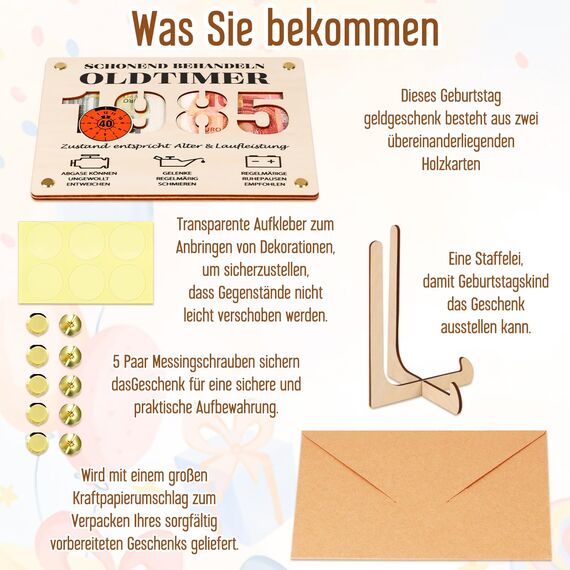 Giftota 2025 Geschenke zum 40 Geburtstag Mann, Witzige Geldgeschenke Holz mit Umschlag, Geldgeschenk 40. Geburtstag Mann - Schonend Behandeln 1985 Oldtimer