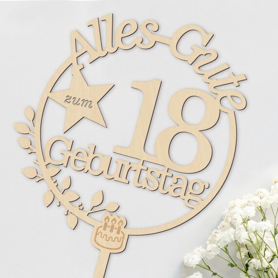 Giftota Cake Topper 18. Geburtstag Holz mit LED Lichterkette - 18. Geburtstag Deko Jungen Mädchen - Tortendeko 18. Geburtstagsdeko - Kuchen Deko für 18. Geburtstagsdeko