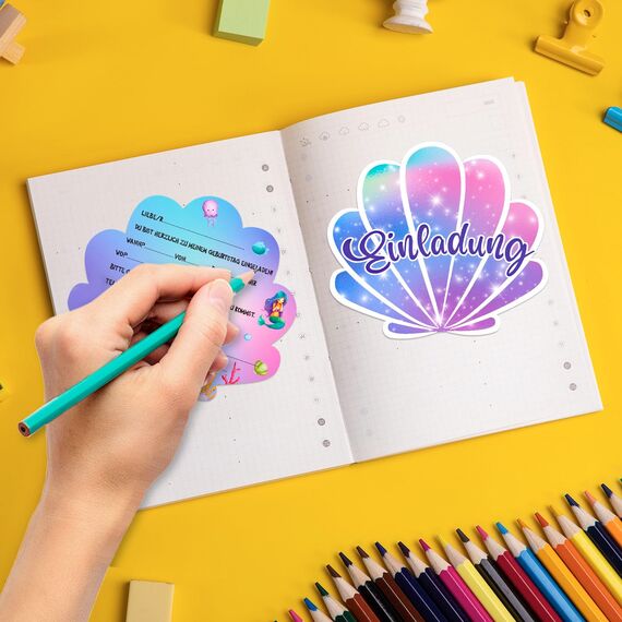 Elektheim 12 Stück Meerjungfrau EINLADUNGSKARTEN， Kinder Kreative Kunsthandwerk EINLADUNGSKARTEN für Mädchen Jungen Kinder zum GEBURTSTAG Einschulung und KINDERPARTY