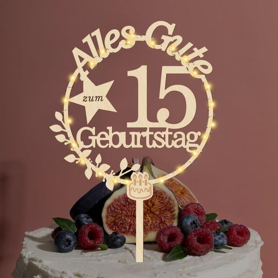 Giftota Cake Topper 15. Geburtstag Holz mit LED Lichterkette - Tortendeko 15. Geburtstag Deko - Kuchen Deko für Jungen Mädchen