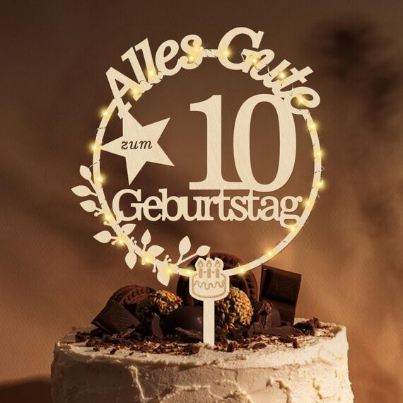 Giftota Cake Topper 10. Geburtstag Holz mit LED Lichterkette - Tortendeko 10. Geburtstag Deko - Kuchen Deko für Jungen Mädchen