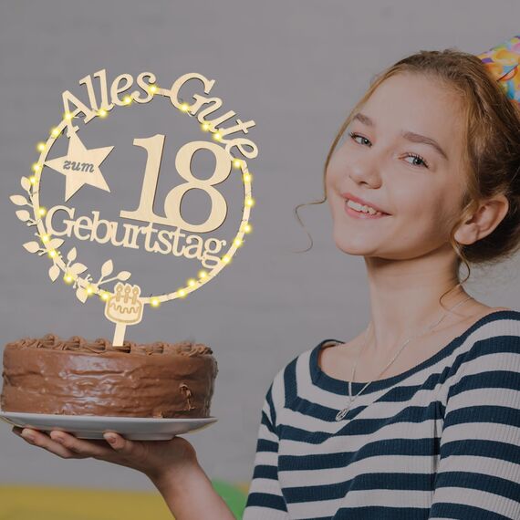 Giftota Cake Topper 18. Geburtstag Holz mit LED Lichterkette - 18. Geburtstag Deko Jungen Mädchen - Tortendeko 18. Geburtstagsdeko - Kuchen Deko für 18. Geburtstagsdeko