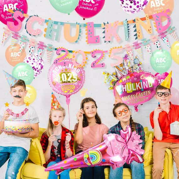 iZoeL SCHULKIND 2025 Deko Einschulung Mädchen, SCHULKIND Girlande + 2025 Zuckertüten Girlande +Folienballon + 15 Luftballon + 16 Konfetti Schulanfang Schuleinführung Deko