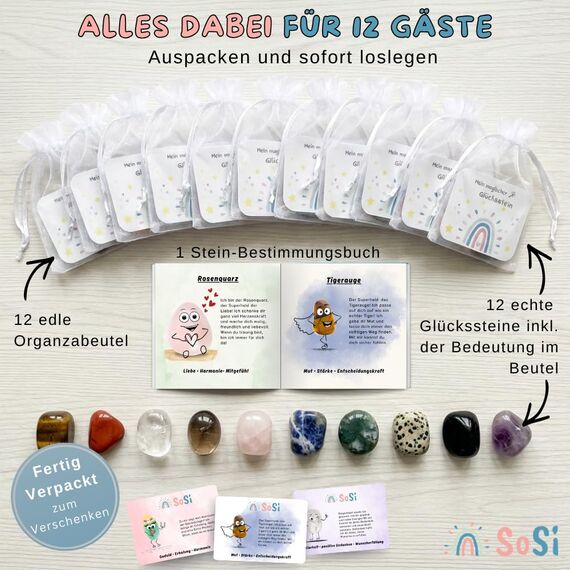 SoSi 12 Glückssteine, 2-3cm, Mitgebselstein, Mitbringsel, Give Away, Glücksbringer, Kindergeburtstag, Gastgeschenk, Kindergarten, Taufe, Kommunion, Einschulung
