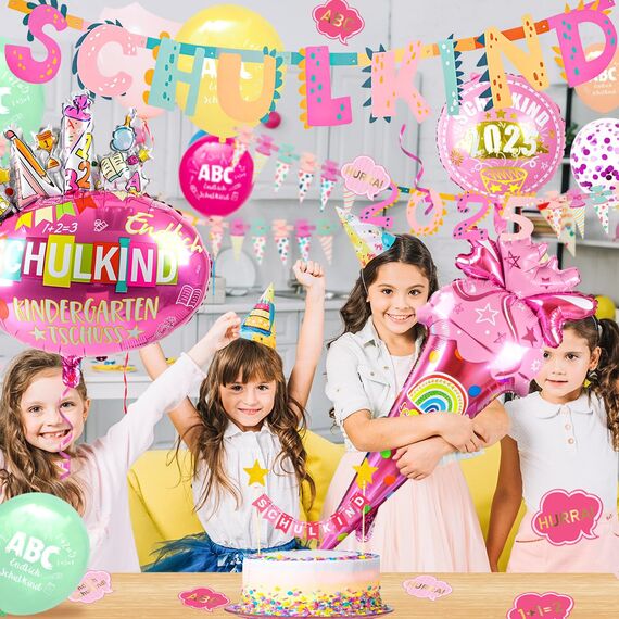 iZoeL SCHULKIND 2025 Deko Einschulung Mädchen, SCHULKIND Girlande + 2025 Zuckertüten Girlande +Folienballon + 15 Luftballon + 16 Konfetti Schulanfang Schuleinführung Deko