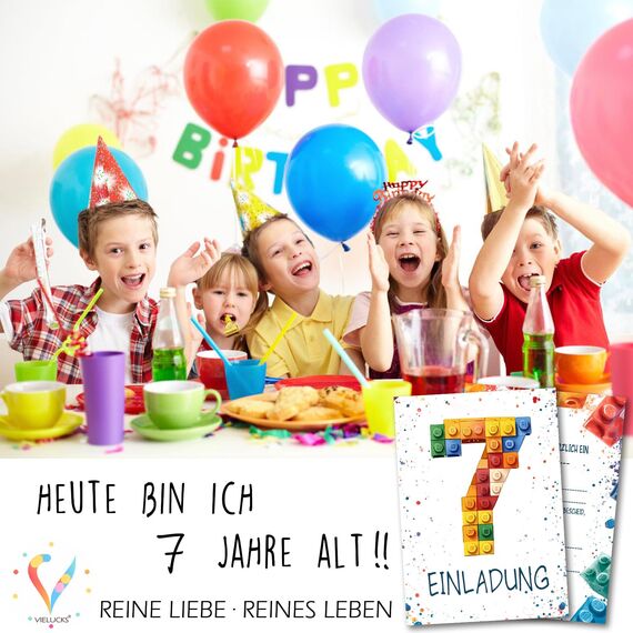 Vielucks 15 x Bausteine Einladungskarten - DIN A6 - Original - mit Aufkleber,Blocks Einladungskarten Kindergeburtstag Mädchen Junge,Geburtstagseinladungen,Party deko,Einladung Einschulung (7 Jahre)