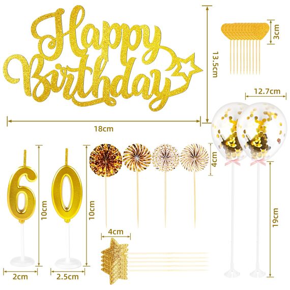 Giftota Tortendeko 30 40 50 60 Geburtstag Mann Frau, 30 Stück Gold Cake Topper Geburtstag Deko, Kuchendeko mit Geburtstagskerzen Konfetti Luftballons Papierfächer