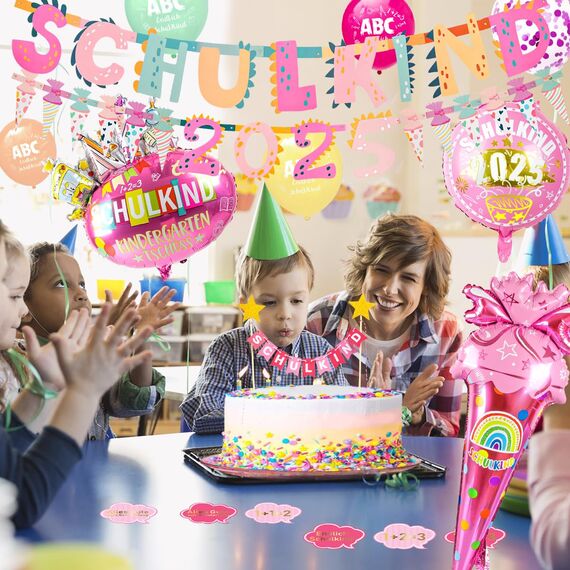 iZoeL SCHULKIND 2025 Deko Einschulung Mädchen, SCHULKIND Girlande + 2025 Zuckertüten Girlande +Folienballon + 15 Luftballon + 16 Konfetti Schulanfang Schuleinführung Deko