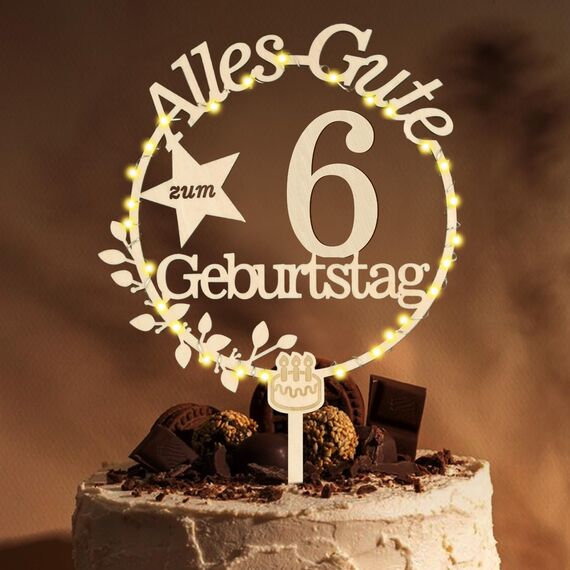 Cake Topper 6. Geburtstag Holz mit LED Lichterkette - Tortendeko 6. Geburtstag Deko - Kuchen Deko für Jungen Mädchen